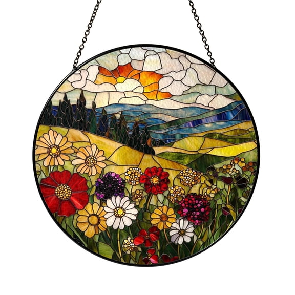Scenic Mountain Meadow with Wildflowers Stained Glass Style Window Hanging2301