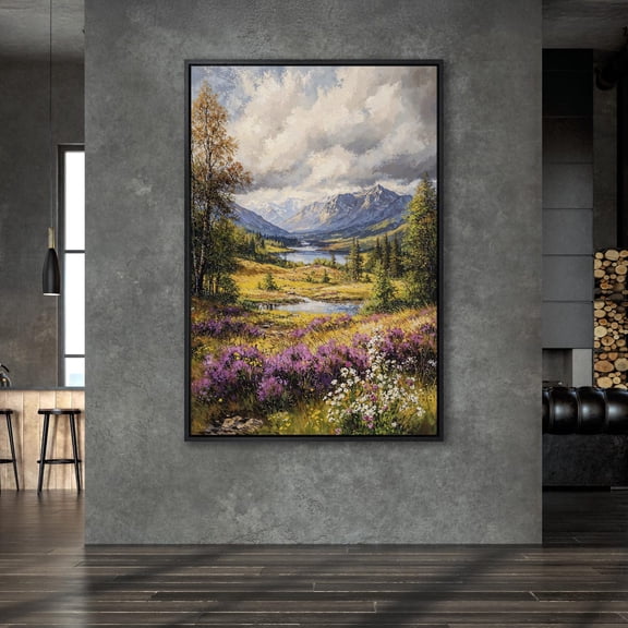 Scenic Mountain River Wildflower Landscape, Nature Poster Poster, Pastoral Scene Art For Bedroom Decor, Ready To Hang Home Decor, 8x12 UNFRAMED