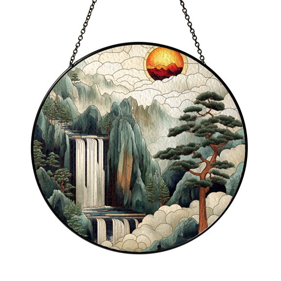 Scenic Mountain Stream Stained Glass Suncatcher Decorative Window Hanging Nature Scene