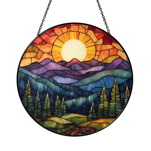 Scenic Mountain Sunset Stained Glass Window Panel – Nature Inspired Decor