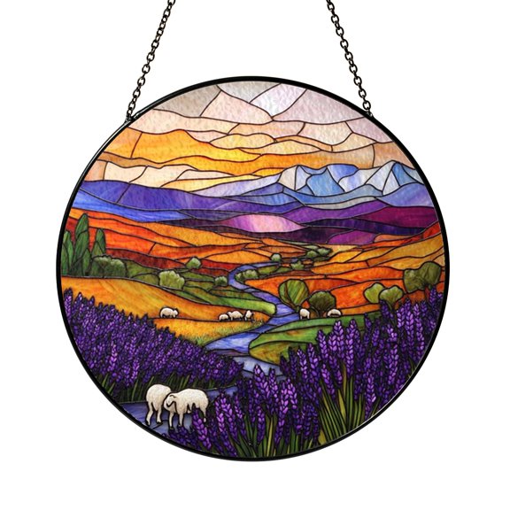 Scenic Mountain Sunset Window Panel – Stained Glass Style Nature Art