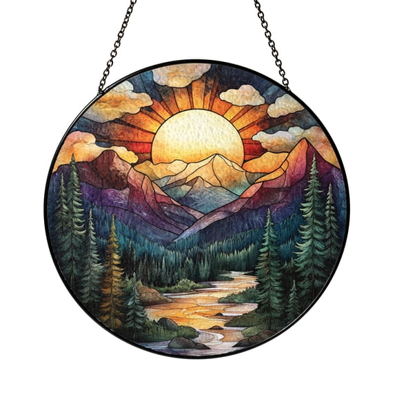 Scenic Mountain View Stained Glass Style Window Decor, Rustic Outdoor Hanging Art Panel