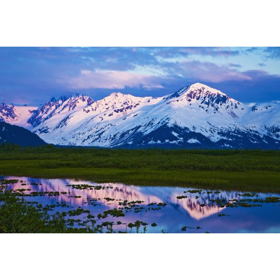 Scenic Panoramic View Of Wetlands Of Placer River Valley And Carpathian Peak At Sunset In Southcentral Alaska During Summer Canvas Art - Michael DeYoung Design Pics (19 x 12)