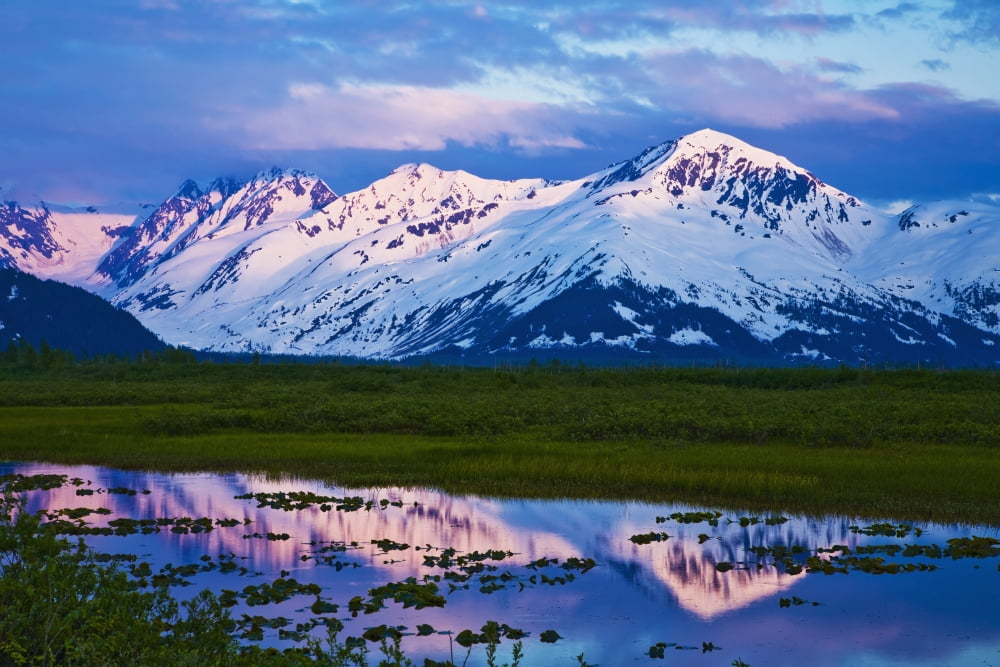 Scenic Panoramic View Of Wetlands Of Placer River Valley And Carpathian Peak At Sunset In Southcentral Alaska During Summer Canvas Art - Michael DeYoung Design Pics (38 x 24)