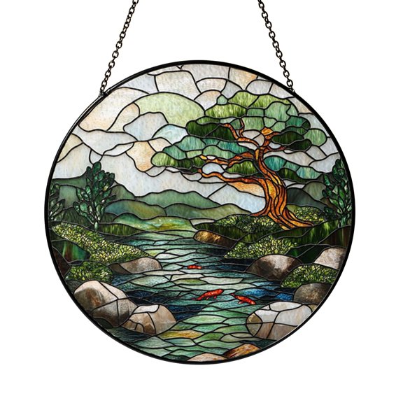 Scenic River Tree Stained Glass Suncatcher Window Hanging, Flowing Stream and Koi Fish Round Glass Art Panel, Tranquil Nature Window Decor, Decorative Hanging Ornament for Home