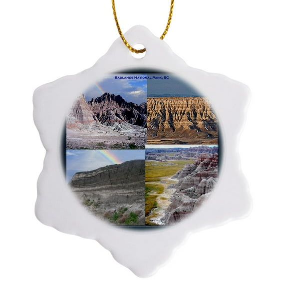 3drose, Scenic Rock Formation Collage, Badlands National Park, Sc, 3 inch Snowflake Porcelain Ornament