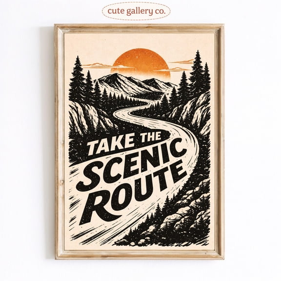 Scenic Route Poster, Winding Road Mountain Sunset Print, Travel Decor, Poster Only