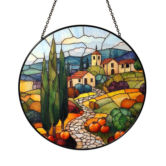 Scenic Rural Village Window Art – Decorative Glass Panel