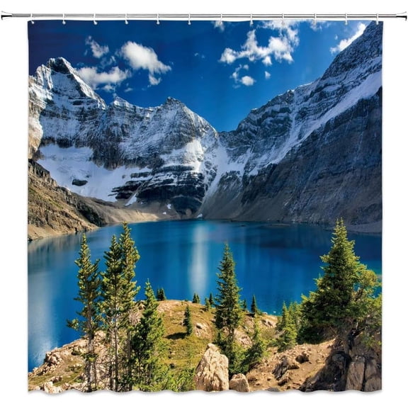Scenic Shower Curtain Nature Mountain Lake Blue Sky White Cloud Landscape Print Simple Home Fabric Bathroom Decor Set Include Hooks,(70" WX70 H)