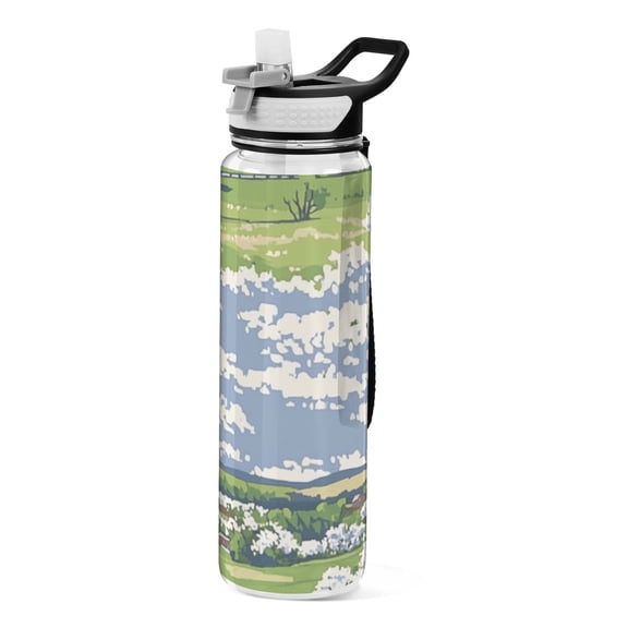 Scenic Spring Landscape 1000ml Tritan Sport Bottle Straw LeakProof Food-Grade Portable Wide Handle