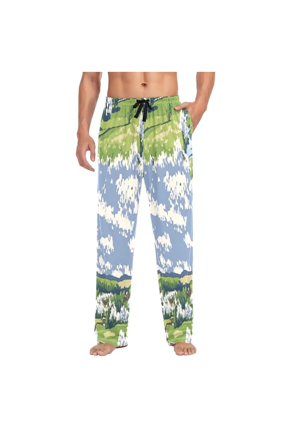 Scenic Spring Landscape Mens Cotton Pajama Pants Long Staple Lightweight Sleep Bottoms with Pockets Breathable