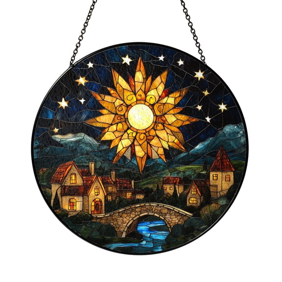 Scenic Starry Village Stained Glass Suncatcher, Round Window Hanging with Night and Day Harmony