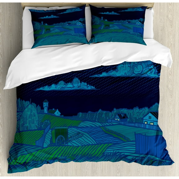 Scenic Summer Duvet Cover Set, Rural Scene at Night Countryside Houses Field, Decorative 3 Piece Bedding Set with 2 Pillow Shams, Queen Size, Blue Teal, by Ambesonne