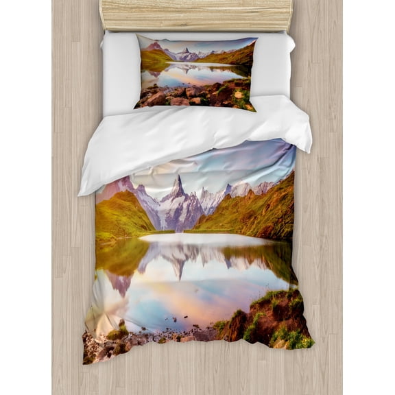 Scenic Summer Duvet Cover Set Twin Size, Tranquil Lake Scene with Water and Mountains at Sunrise Photo, Decorative 2 Piece Bedding Set with 1 Pillow Sham, Sea Blue and Multicolor, by Ambesonne