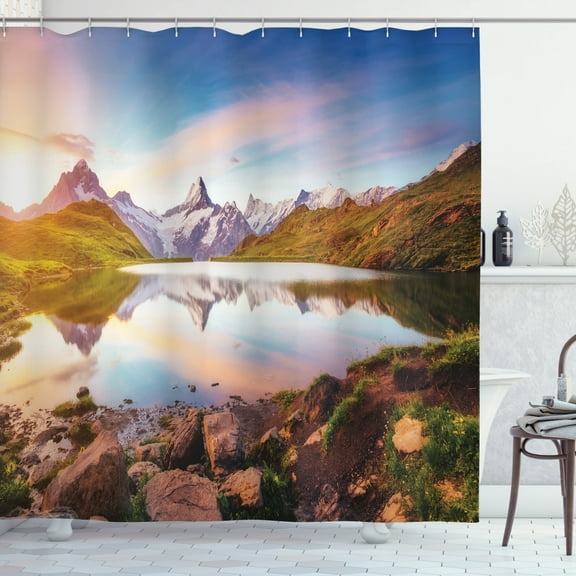 Scenic Summer Shower Curtain, Tranquil Lake Scene with Water and Mountains at Sunrise Photo, Fabric Bathroom Set with Hooks, 69W X 70L Inches, Sea Blue and Multicolor, by Ambesonne