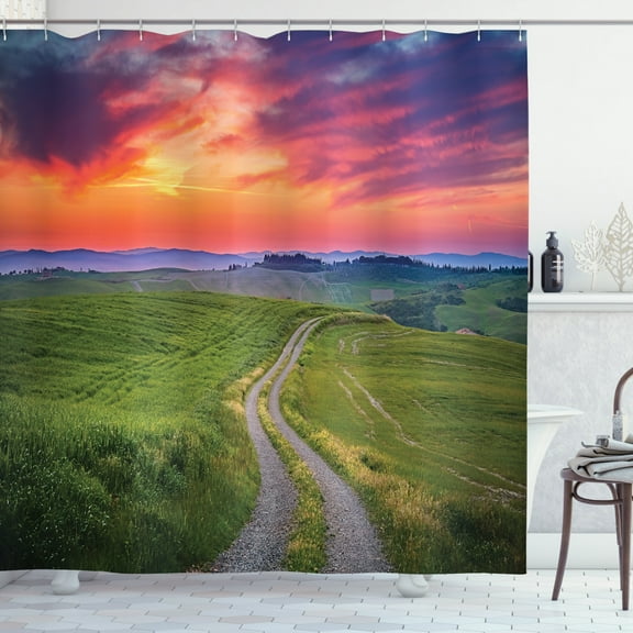 Scenic Summer Shower Curtain, Tuscany Rural Scene with Tangerine Toned Sky, Fabric Bathroom Set with Hooks, 69W X 75L Inches Long, Burnt Sienna Multicolor, by Ambesonne