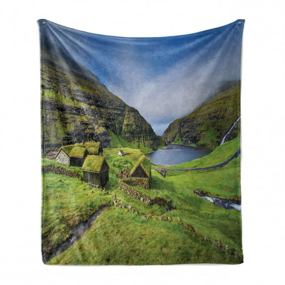 Scenic Summer Soft Flannel Fleece Throw Blanket, Saksun Village in Denmark Photo, Cozy Plush for Indoor and Outdoor Use, 50" x 70", Olive Green Azure Blue, by Ambesonne
