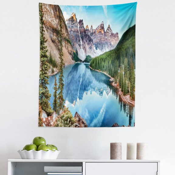 Scenic Summer Tapestry, Moraine Lake Panorama in Banff National Park Canada Wild Nature, Fabric Wall Hanging Decor for Bedroom Living Room Dorm, 5 Sizes, Deep Sky Blue Multicolor, by Ambesonne