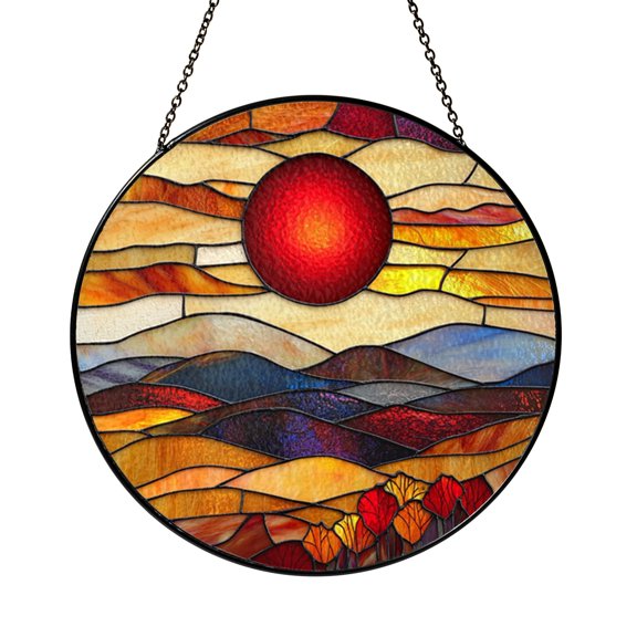 Scenic Sunset Hills Stained Glass Panel with Fall Trees, Cheerful Nature Inspired Home Accent