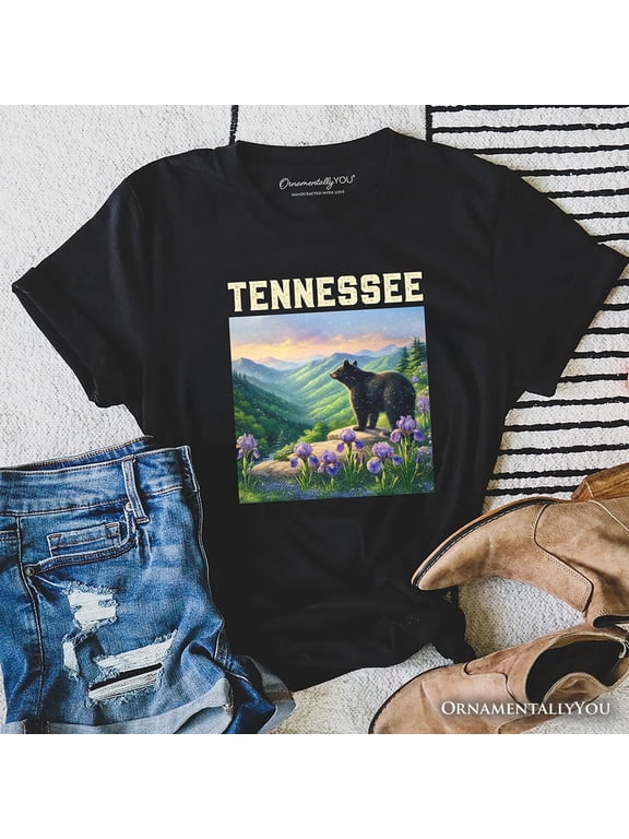 Scenic Tennessee State Great Smoky Mountains T-Shirt, Black Bear and Wildflower Nature Tee and Travel Souvenir