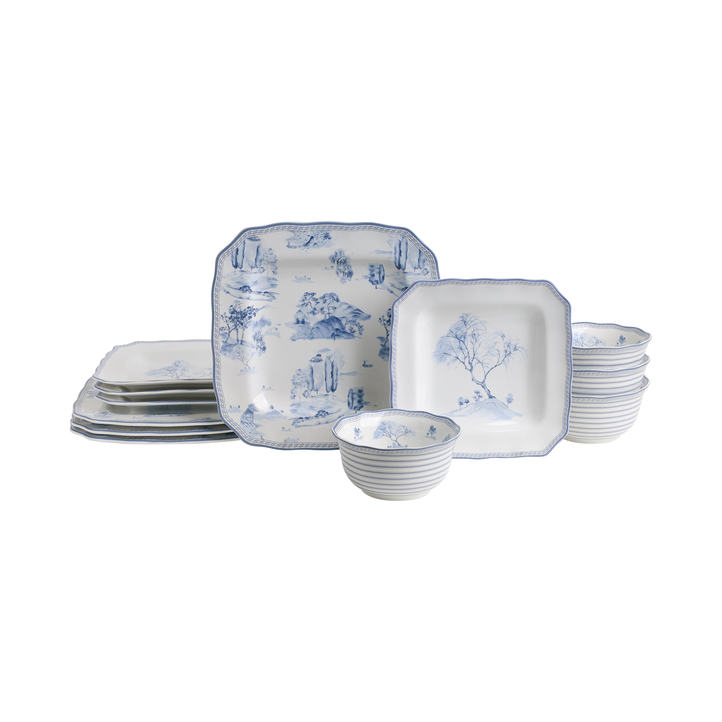 Scenic Toile Blue and White Porcelain 12-Piece Dinnerware Set