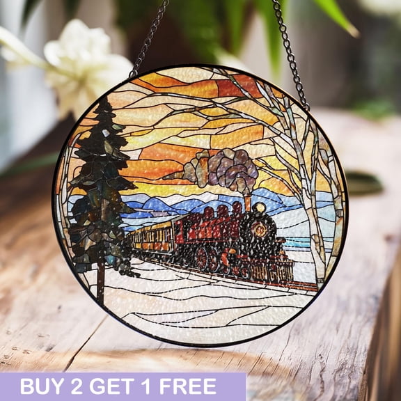 Scenic Train Journey Stained Glass Panel with Vibrant Sunset and Snowy Landscape for Unique Window Decor
