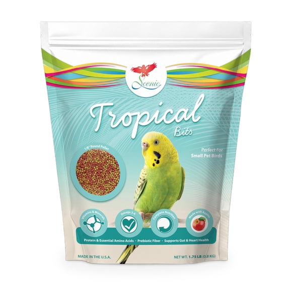Scenic Tropical Bits Small Bird Food - 1/8-inch Pellets for Budgies, Parakeets, Cockatiels, Lovebirds, and Small Conures - Complete Nutrition, 1.75 lb Bag