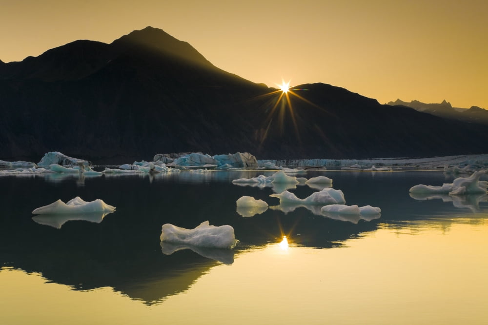 Scenic View Of Bear Glacier Lake With Icebergs From Bear Glacier At Sunset Kenai Fjords National Park Kenai Peninsula Southcentral Alaska Summer Canvas Art - Michael DeYoung Design Pics (34 x 22)
