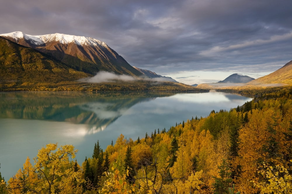 Scenic View During Autumn Of Kenai Lake Near Cooper Landing Kenai Peninsula Alaska Canvas Art - Kent Fredriksson Design Pics (34 x 22)