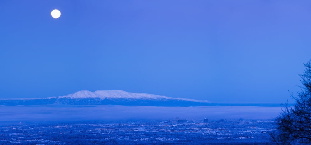 Scenic View Of The Full Moon Over Mt Susitna During Winter Anchorage Southcentral Alaska Hdr Digitally Altered Canvas Art - Jeff Schultz Design Pics (22 x 10)