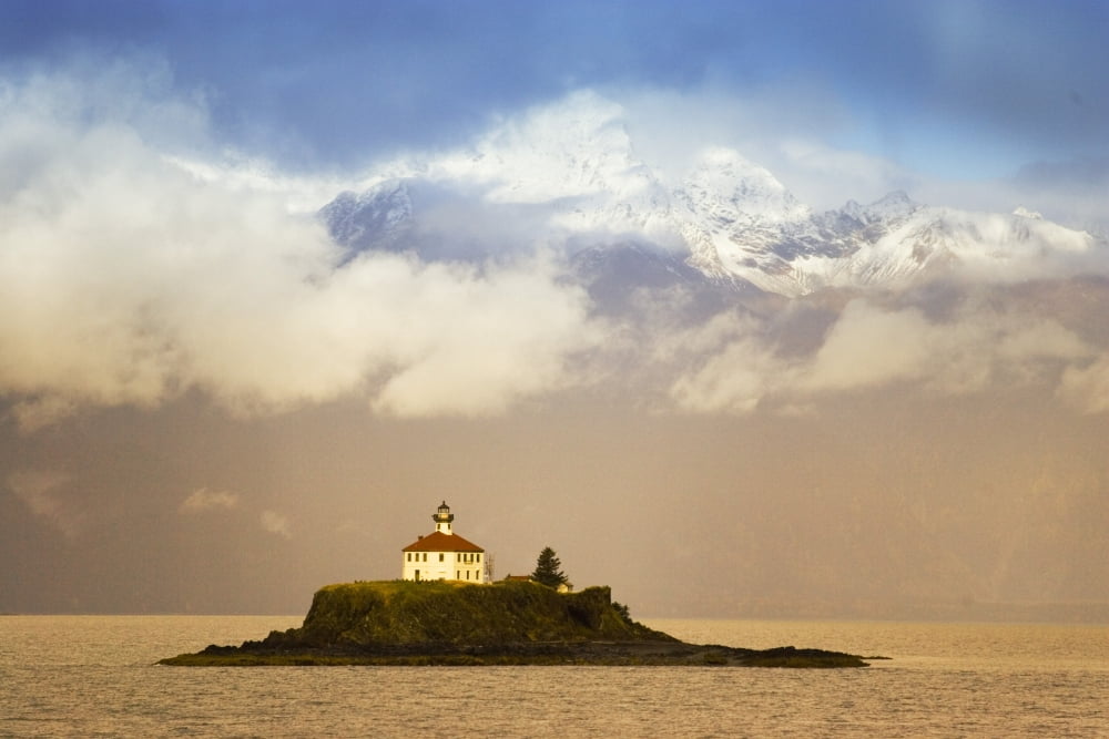 Scenic View Of Lynn Canal And Eldred Rock Lighthouse With The Chilkat Range During Autumn In Southeast Alaska Canvas Art - Michael DeYoung Design Pics (34 x 22)