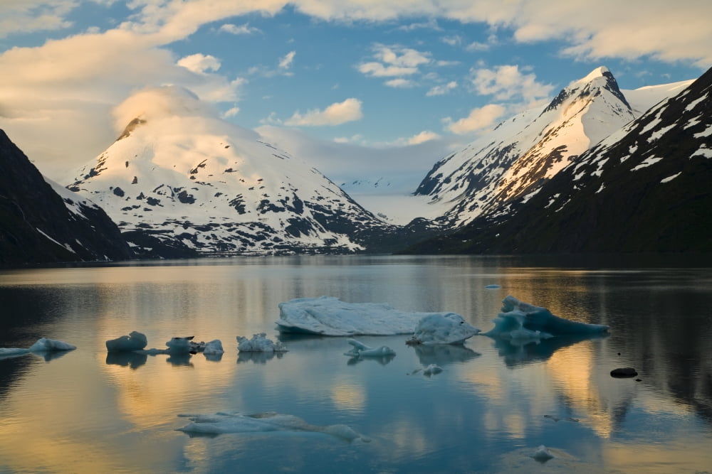 Scenic View Of Dawn Over Portage Lake With Icebergs In The Foreground Southcentral Alaska Canvas Art - Michael DeYoung Design Pics (17 x 11)