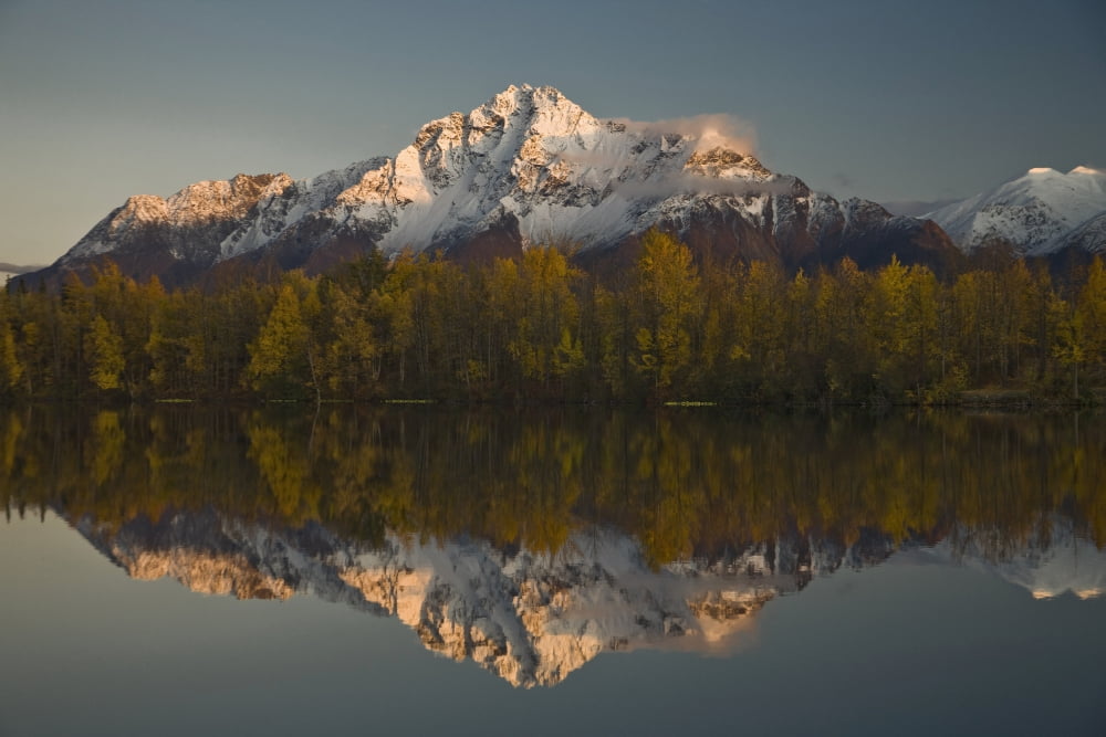 Scenic View Of Pioneer Peak Reflecting In Echo Lake At Sunset Southcentral Alaska Canvas Art - Hal Gage Design Pics (19 x 12)