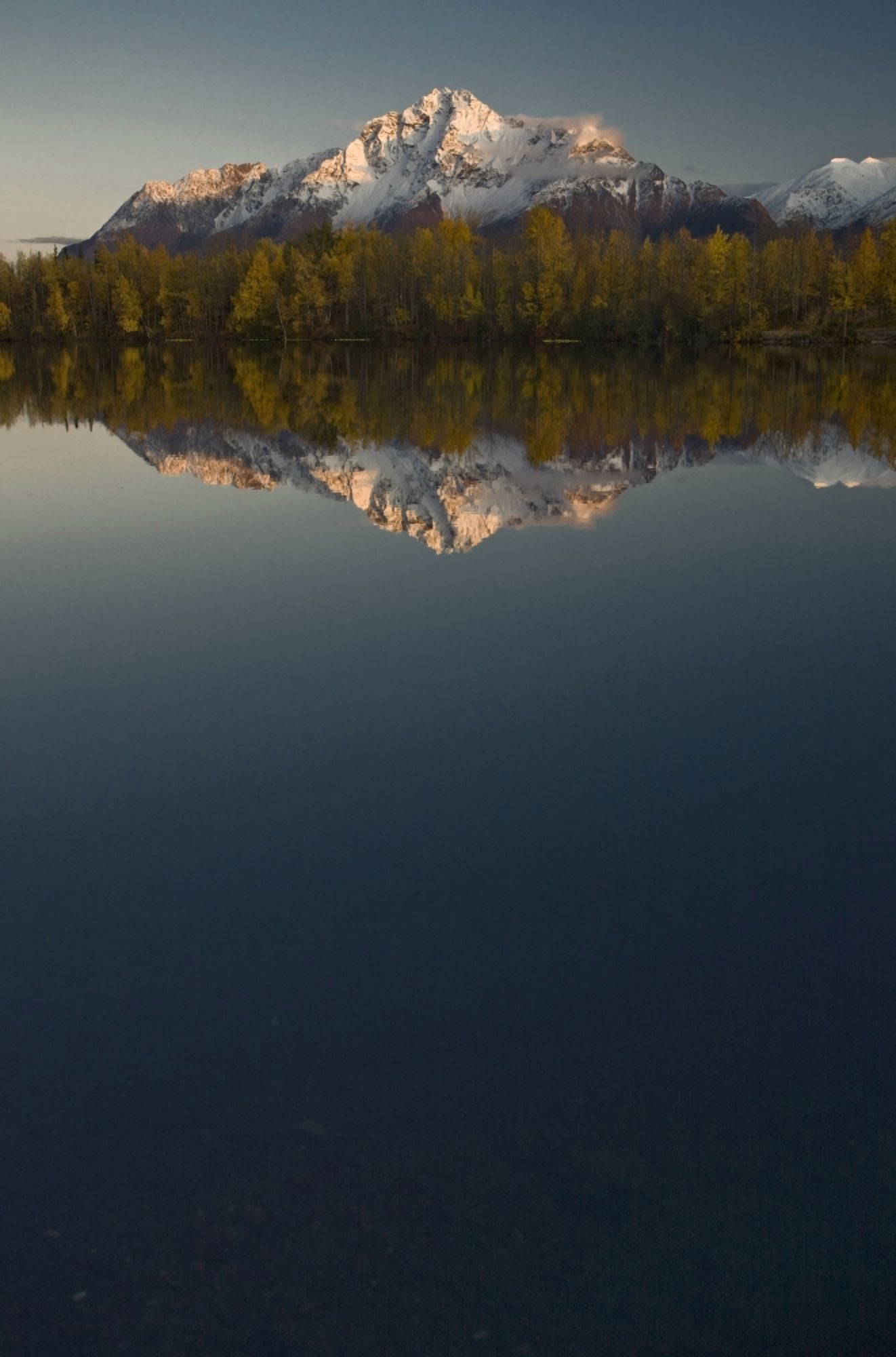 Scenic View Of Pioneer Peak Reflecting In Echo Lake At Sunset Southcentral Alaska Canvas Art - Hal Gage Design Pics (22 x 34)