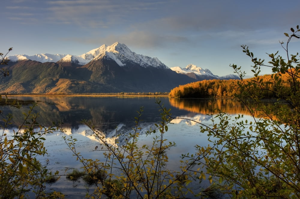 Scenic View Of Pioneer Peak Reflecting In Jim Lake In Mat-Su Valley Alaska Hdr Image Canvas Art - Michael Criss Design Pics (17 x 11)