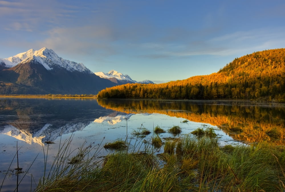 Scenic View Of Pioneer Peak Reflecting In Jim Lake In Mat-Su Valley Alaska Hdr Image Canvas Art - Michael Criss Design Pics (34 x 22)