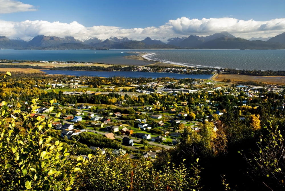 Scenic View Overlooking The Town Of Homer The Homer Spit Kachemak Bay And The Kenai Mountains During Summer In Southcentral Alaska Canvas Art - Bill Scott Design Pics (17 x 11)