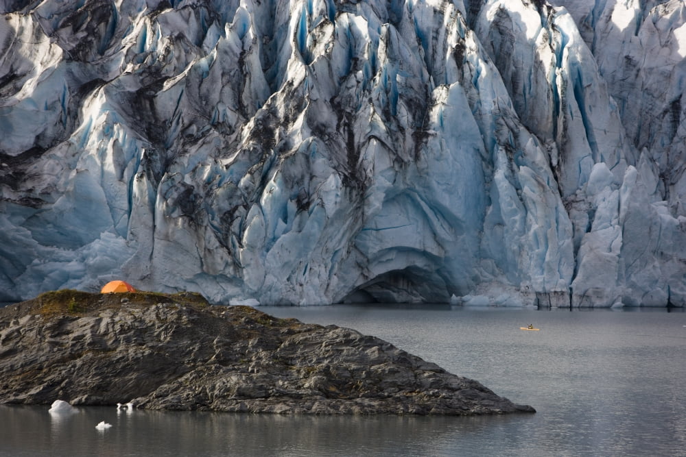 Scenic View Of Shoup Glacier With A Camp Tent Set On A Island In The Distance Shoup Bay State Marine Park Prince William Sound Southcentral Alaska Canvas Art - Kevin Smith Design Pics (18 x 12)