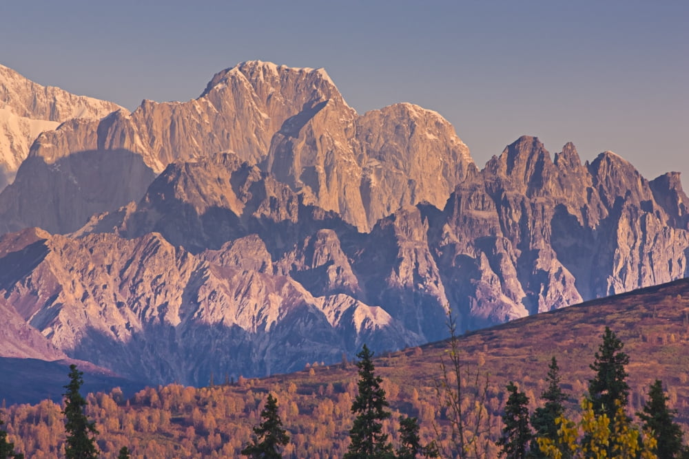 Scenic View Of Sunrise On Mooses Tooth And The Alaska Range As Seen From The Veterans Memorial In Denali State Park Southcentral Alaska Autumn Canvas Art - Kevin Smith Design Pics (18 x 12)