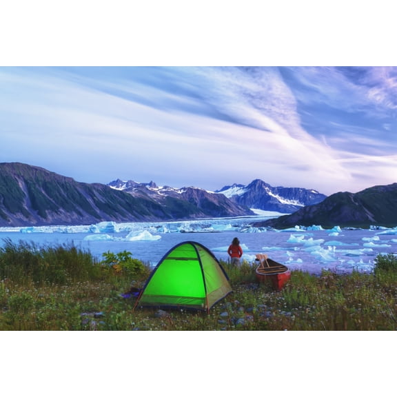 Scenic View A Woman Enjoying The Sunset Next To A Lit Tent Bear Glacier Lake Kenai Fjords National Park Kenai Peninsula Southcentral Alaska Summer Hdr Canvas Art - Michael DeYoung  Design Pics (17 x 1