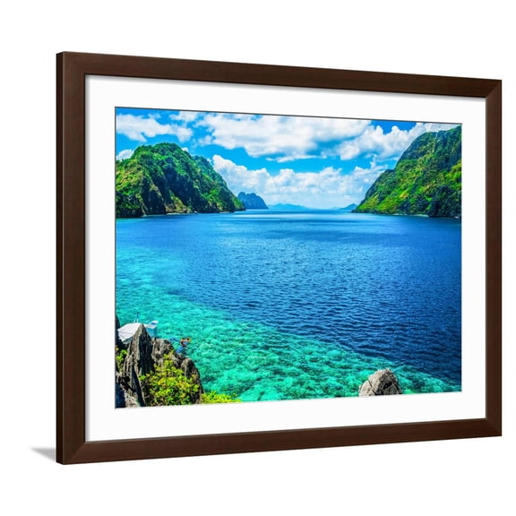 Art.com Scenic View of Sea Bay and Mountain Islands, Palawan, Philippines Photographic Print by photoroman, Brown Frame Wall Art, 40" x 32"