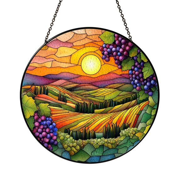 Scenic Vineyard Hills Glass Suncatcher Panel, Stained Glass Style Landscape Window Hanging Art, Decorative Accent
