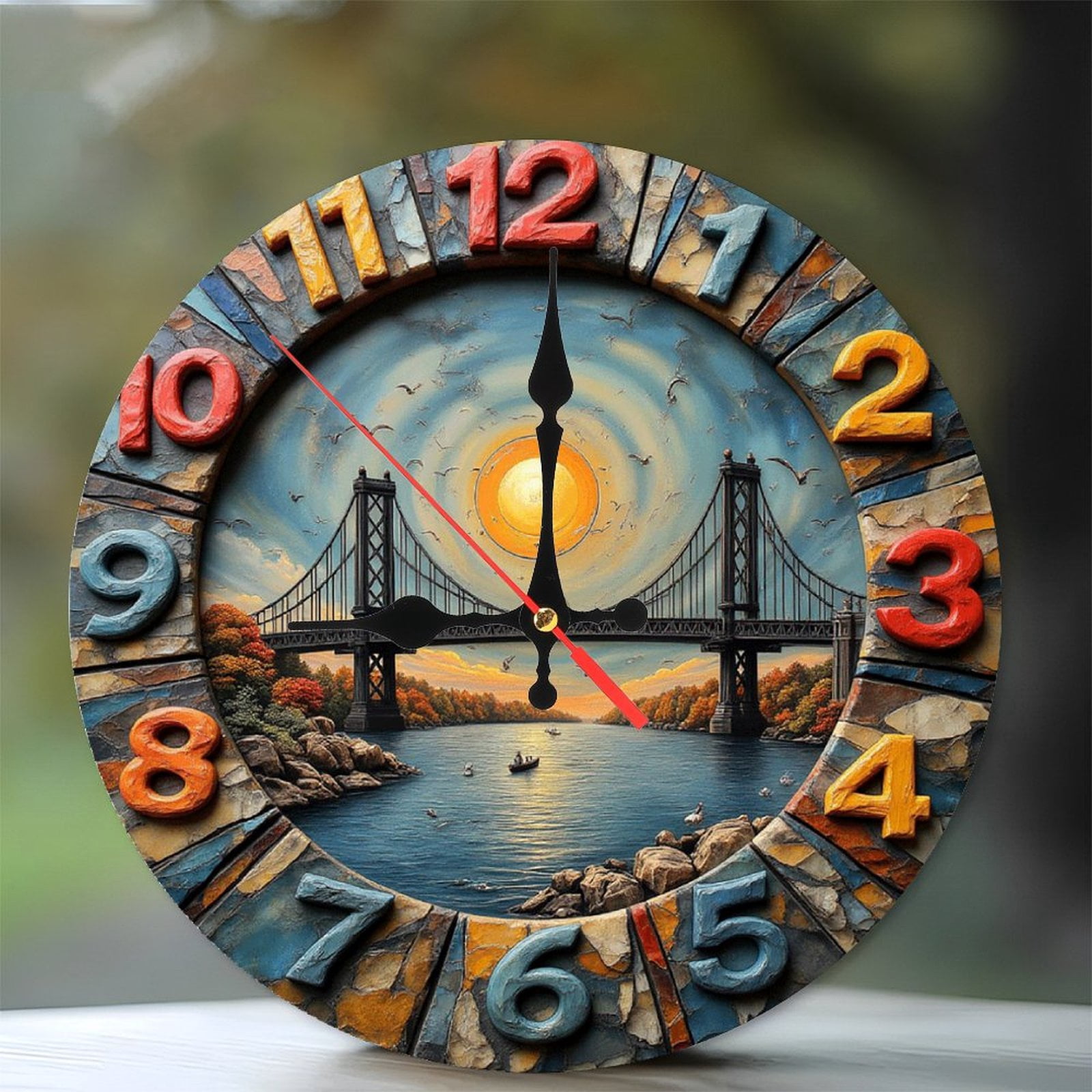 Scenic Wall Clock with River Bridge And Sunset 10-Inch Silent Wooden ...