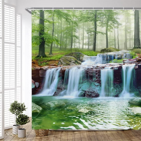 Scenic Waterfall Shower Curtain Nature Green Forest Tree Spa Water Lake Landscape Misty Jungle Rainforest Green Rustic Jungle Bathroom Polyester Fabric Decor Set with Hooks 72"W x 72"L (Pack of 1)