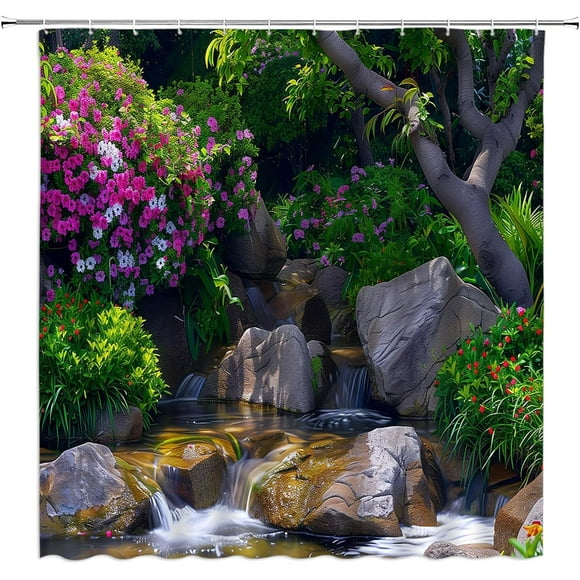 Scenic Waterfall Shower Curtain Nature Green Forest Tree Water Lake Landscape Misty Jungle Rainforest Green Rustic Jungle Bathroom Curtains Polyester Set with Hooks