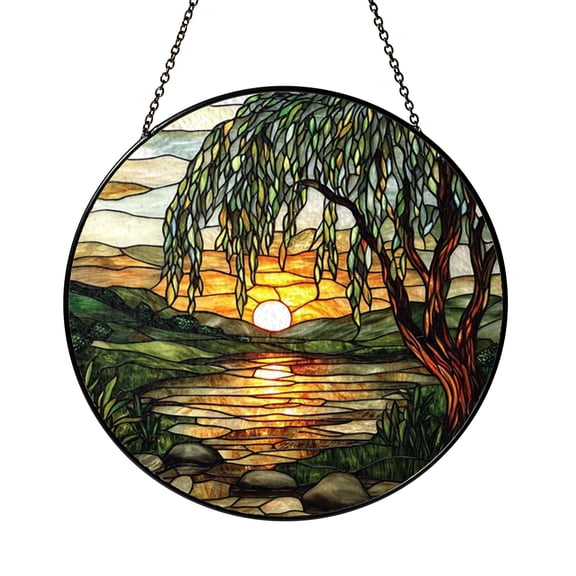 Scenic Willow Tree Faux Stained Glass Window Decor2101