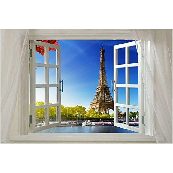 Scenic Window Onto Paris Eiffel Tower River Boats 24" x 0.01" Poster, by HSE USA