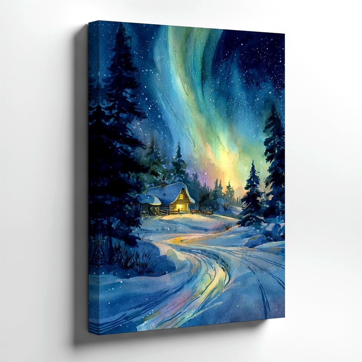 Scenic Winter Cabin Northern Lights Snowy Forest Gallery Wall Art Print ...