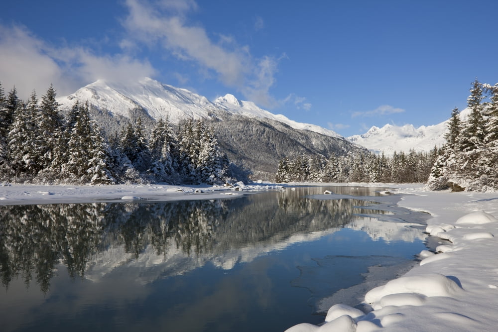 Scenic Winter Landscape Of Mendenhall River Mendenhall Glacier And Towers Tongass National Forest Southeast Alaska Canvas Art - John Hyde Design Pics (36 x 24)