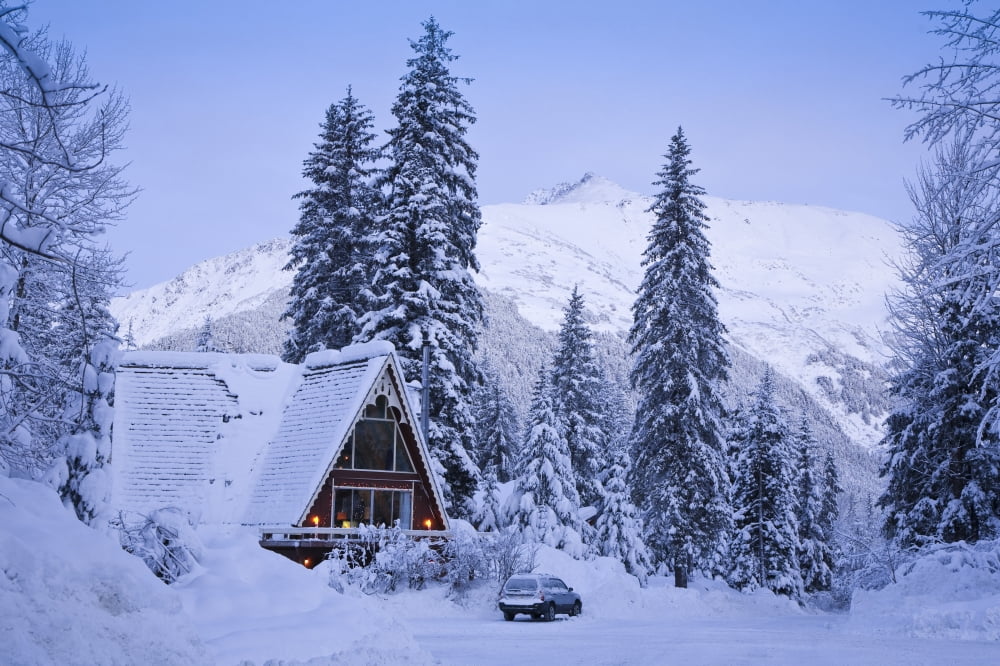 Scenic Winter View Of An A-Frame Home With The Chugach Mountains In The Background Girdwood Southcentral Alaska Canvas Art - Jeff Schultz Design Pics (34 x 22)